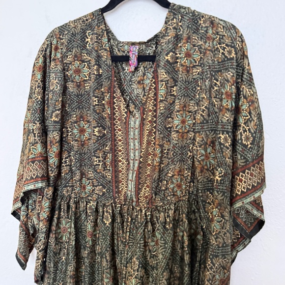Anthropologie Me 2 Magic Floral Metallic Kimono Sleeve Tiered Ruffle Maxi Dress - Picture 6 of 11